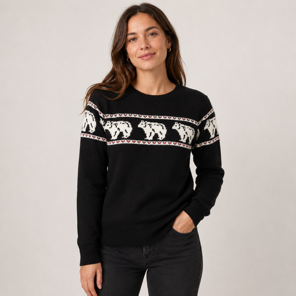 Studio 84 Winter Polar Bear Knit Pullover Sweater Unisex L Black Ski Cabin